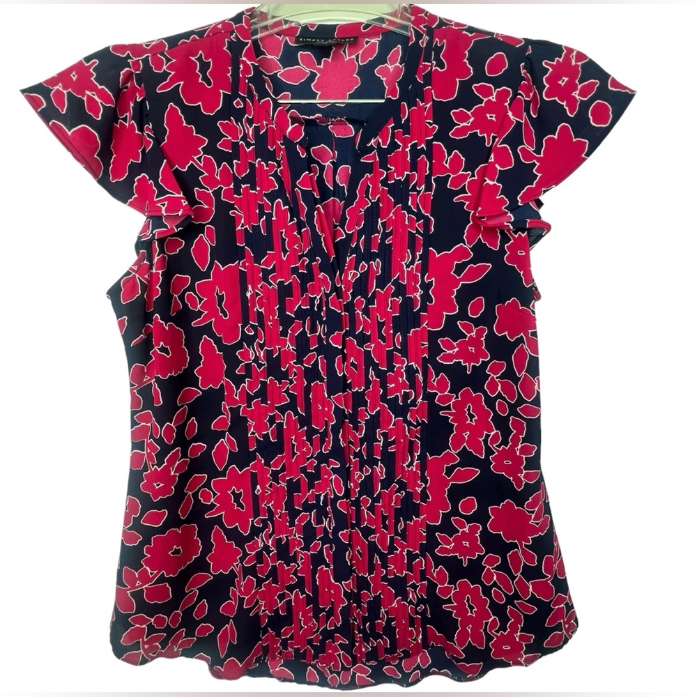 Simply Styled Women's Short Sleeve Botton Down Polyester Top Red/Black M